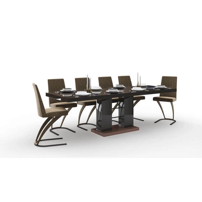 Maxima House Dining Set Lisa 7 Pcs. Modern Brown Glossy Dining Table with 2 Self-Storing Leaves Plus 6 Chairs