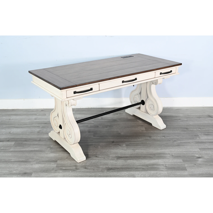 Sunny Designs White Desk with Power Strip Marble White and Buck Skin