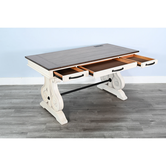 Sunny Designs White Desk with Power Strip Marble White and Buck Skin