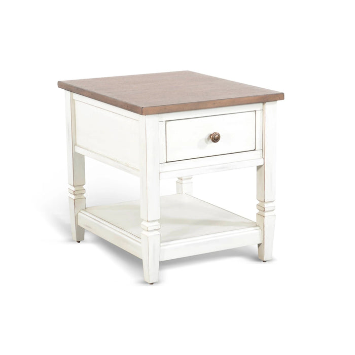 Sunny Designs Pasadena 1-Drawer Farmhouse Mahogany End Table in Off White Marble White and Buck Skin - Bed & Sofa Hub
