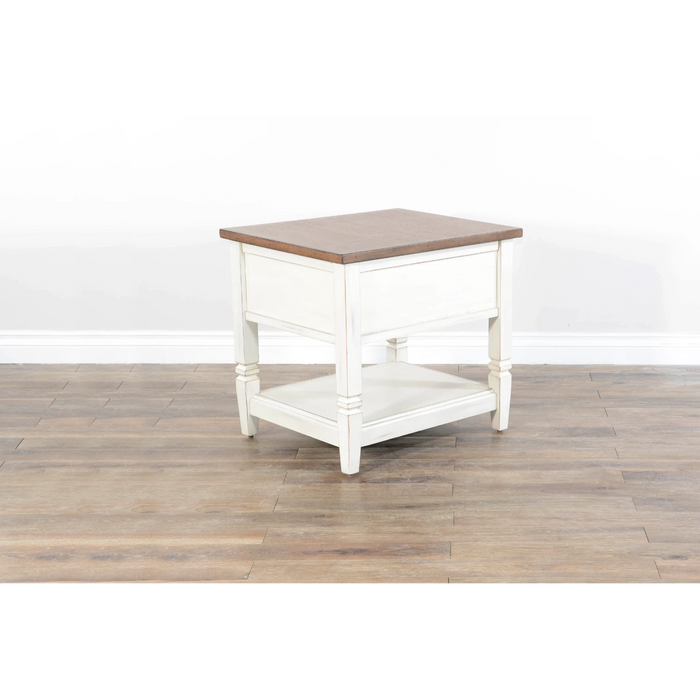 Sunny Designs Pasadena 1-Drawer Farmhouse Mahogany End Table in Off White Marble White and Buck Skin - Bed & Sofa Hub