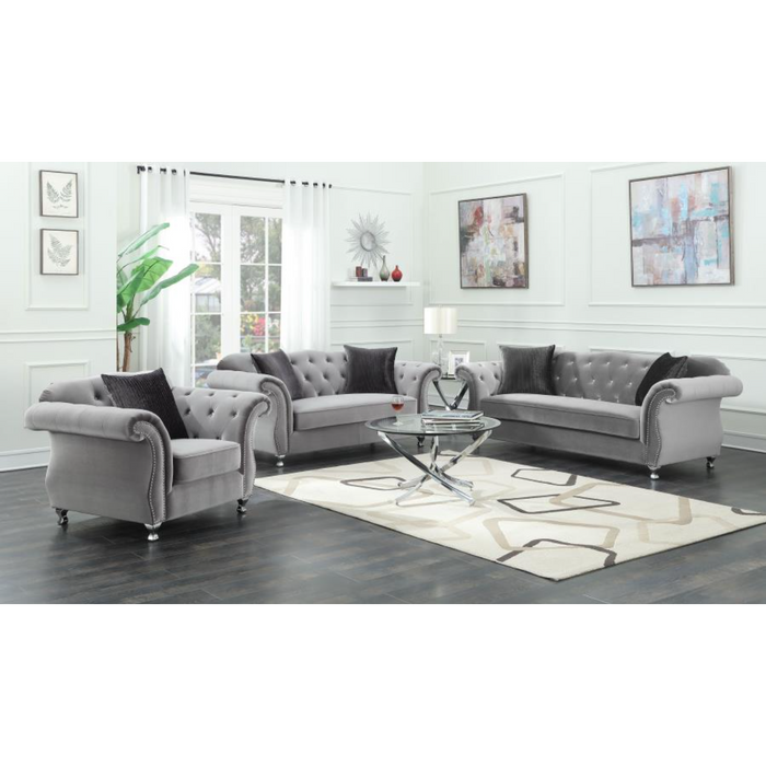 Coaster Frostine 3-piece Upholstered Tufted Sofa Living Room Set Silver