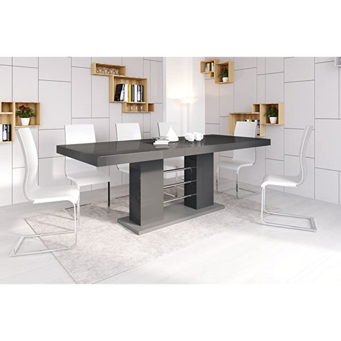 Maxima House Dining Set Lisa 7 Pcs. Gray Modern Glossy Dining Table with 2 Self-Storing Leaves Plus 6 White Chairs