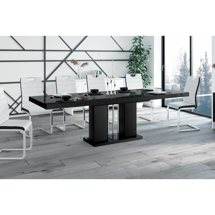 Maxima House Dining Set Nossa 7 Pcs. Black Modern Glossy Dining Table with 2 Self-Starting Leaves Plus 6 Chairs