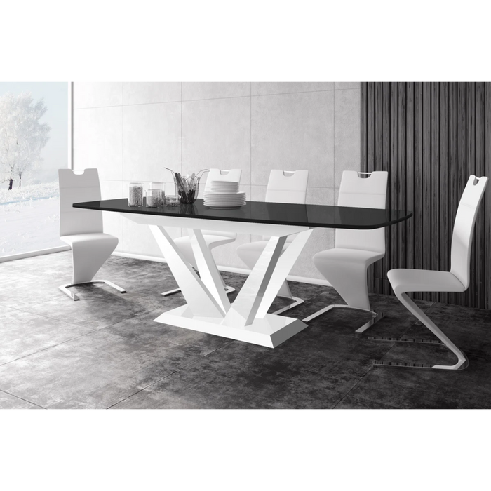 Maxima House Dining Set Feto 7 Pcs. Modern Glossy Dining Table with 2 Self-Starting Leaves Plus 6 Chairs