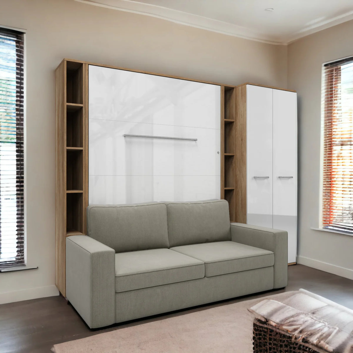 Modern Full Size Vertical Murphy Bed with Sofa and Drawers