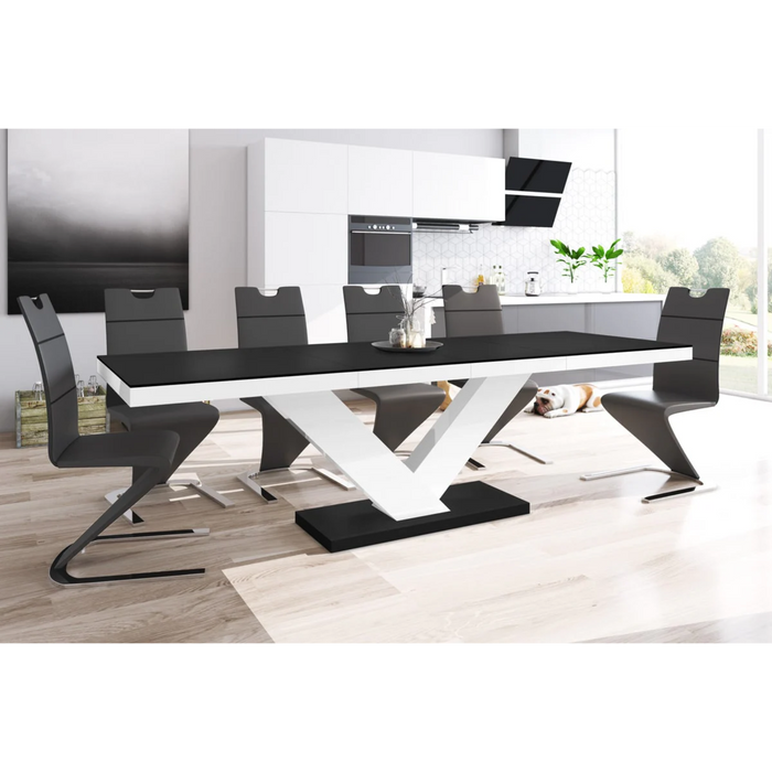 Maxima House Dining Set Toria 7 Pcs. Modern Black/white Glossy Dining Table with 2 Self-Storing Leaves Plus 6 Black Chairs