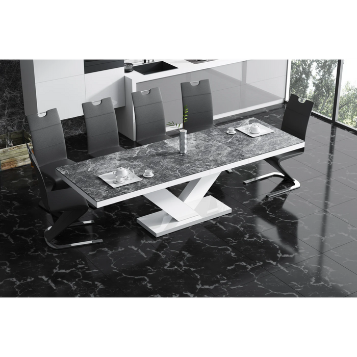 Maxima House Dining Set Toria 7 Pcs. Modern Glossy Dining Table with 2 Self-Storing Leaves Plus 6 Black Chairs