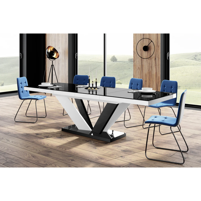 Maxima House Dining Set Aviva 7 Pcs. Modern Glossy Dining Table with 2 Self-Starting Leaves Plus 6 Chairs