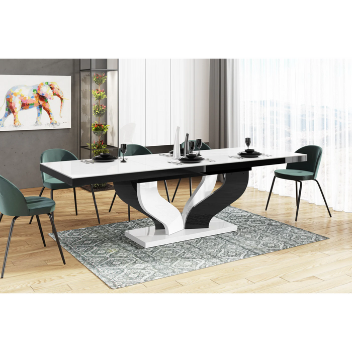 Maxima House Dining Set Aviva 7 Pcs. White/ Black Modern Glossy Dining Table with 2 Self-Starting Leaves Plus 6 Chairs