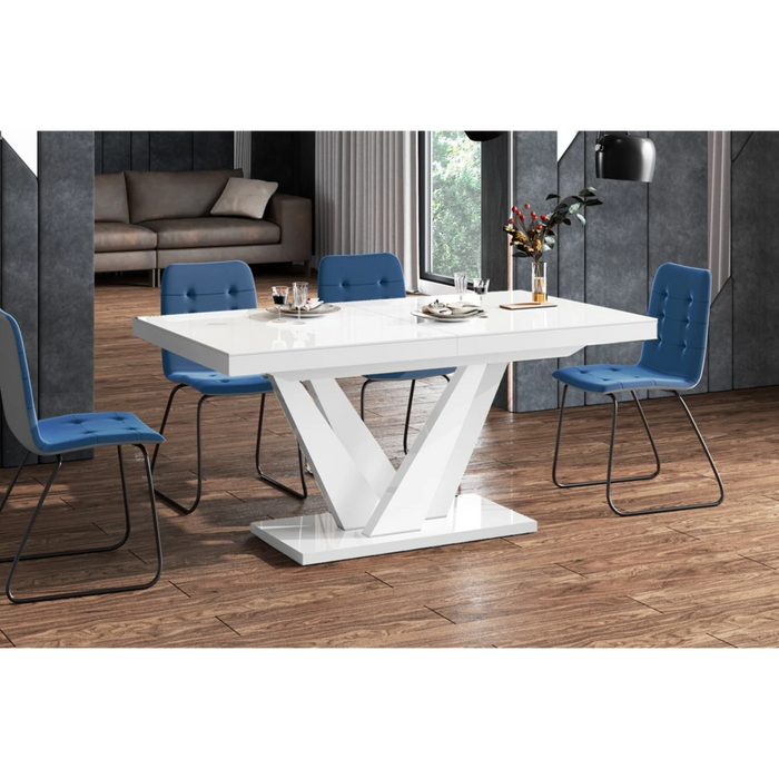 Maxima House Dining Set Chara 7 Pcs. White Modern Glossy Dining Table with 2 Self-Starting Leaves Plus 6 Chairs