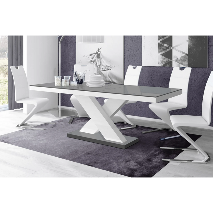 Maxima House Dining Set Xena 7 Pcs. Gray/white Modern Glossy Dining Table with 2 Self-Storing Leaves Plus 6 White Faux Leather Chairs