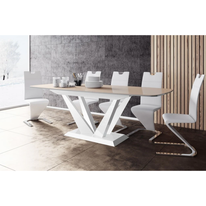 Maxima House Dining Set Feto 7 Pcs. Modern Glossy Dining Table with 2 Self-Starting Leaves Plus 6 Chairs