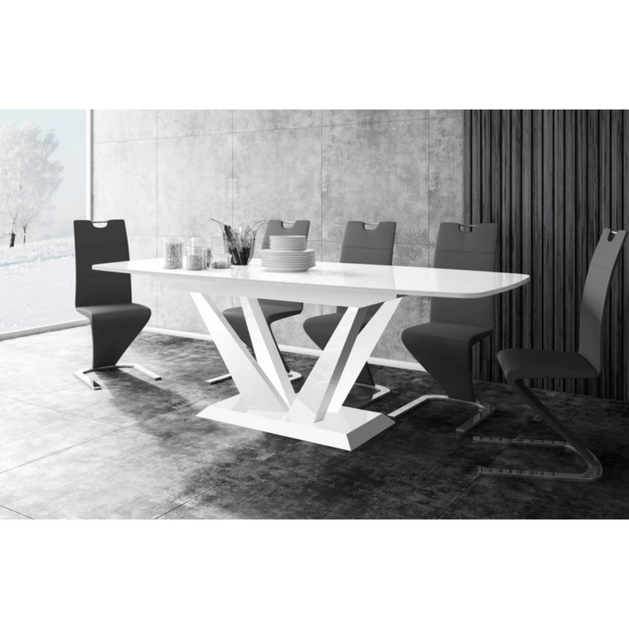 Maxima House Dining Set Feto 7 Pcs. Modern Glossy Dining Table with 2 Self-Starting Leaves Plus 6 Chairs