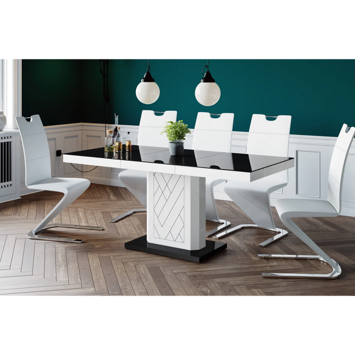 Maxima House Dining Set Iva 7 Pcs. Modern White Glossy Dining Table with 1self-Starting Leaf Plus 6 Chairs